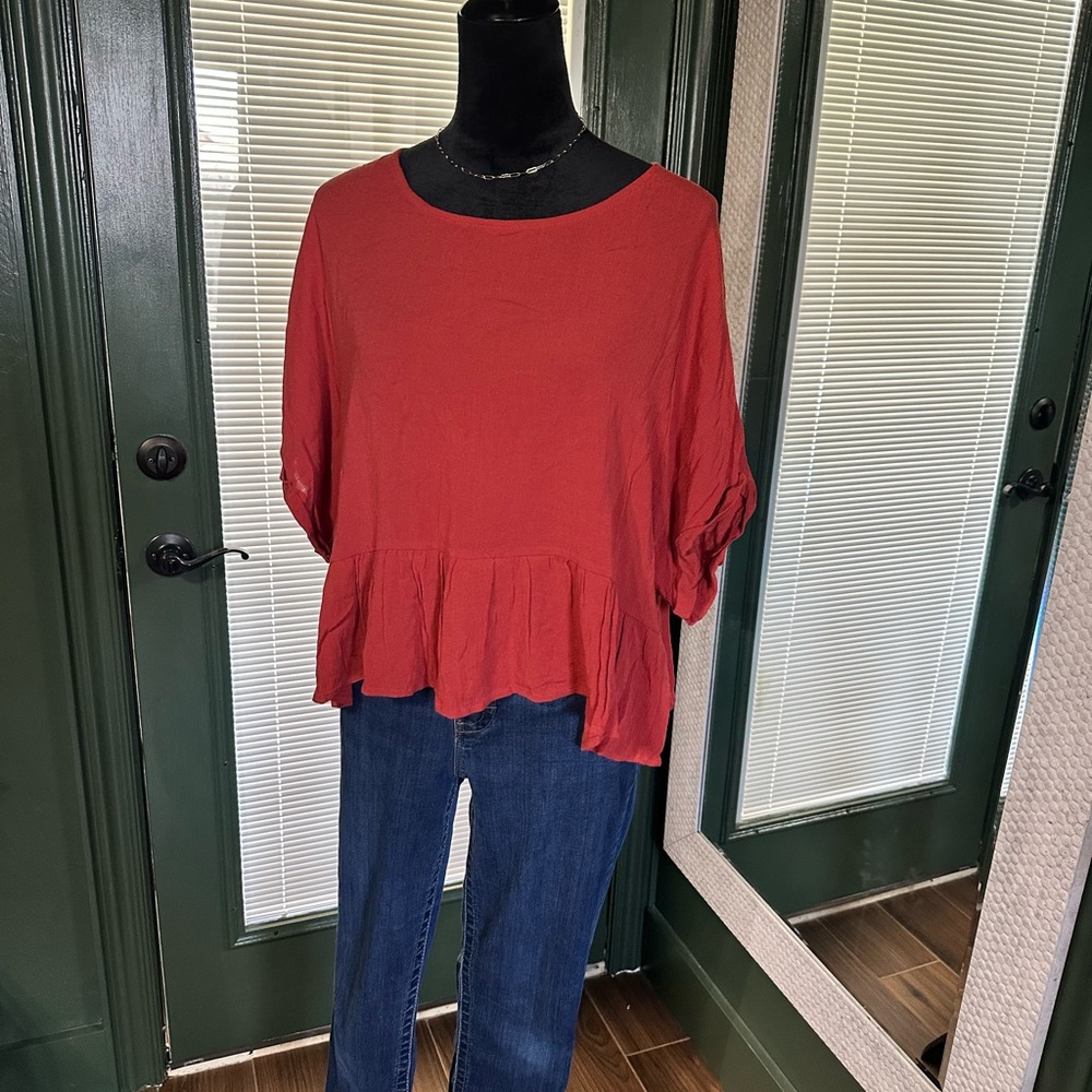 Altar'd State Red Ruffle Hem Blouse